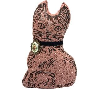 Rare Vintage Floral Cat Cloth Weighted Door Stop Kitten Folk Art W Brooch 7.5"